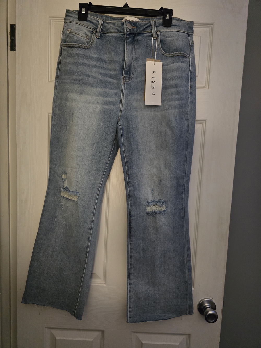 Risen Light Blue Distressed High-Rise Flare Jeans